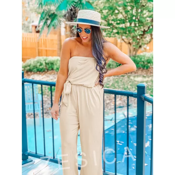 imageZESICA Womens 2023 Casual Off Shoulder Solid Color Strapless Belted Wide Leg Jumpsuit RomperNude