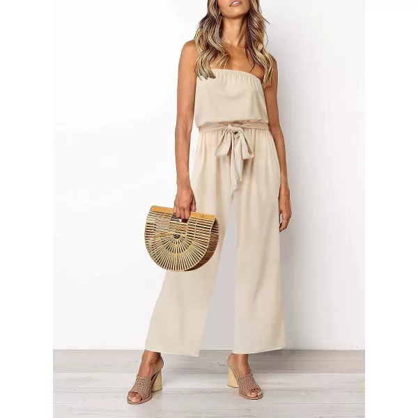 imageZESICA Womens 2023 Casual Off Shoulder Solid Color Strapless Belted Wide Leg Jumpsuit RomperNude