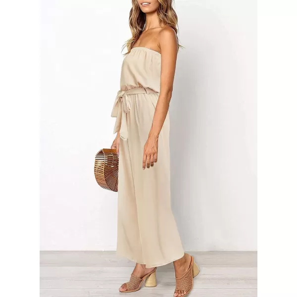 imageZESICA Womens 2023 Casual Off Shoulder Solid Color Strapless Belted Wide Leg Jumpsuit RomperNude