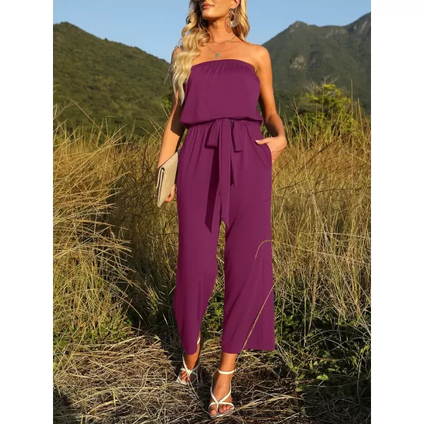 imageZESICA Womens 2023 Casual Off Shoulder Solid Color Strapless Belted Wide Leg Jumpsuit RomperPlum