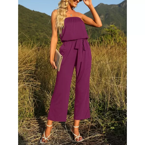 imageZESICA Womens 2023 Casual Off Shoulder Solid Color Strapless Belted Wide Leg Jumpsuit RomperPlum