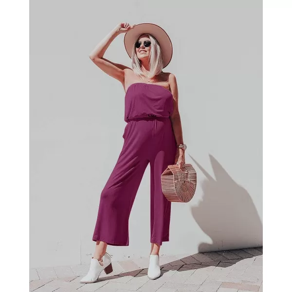 imageZESICA Womens 2023 Casual Off Shoulder Solid Color Strapless Belted Wide Leg Jumpsuit RomperPlum