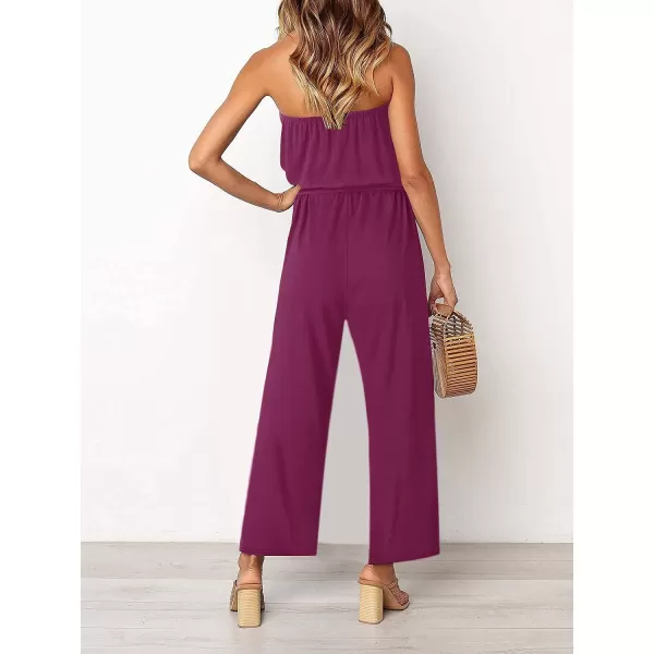 imageZESICA Womens 2023 Casual Off Shoulder Solid Color Strapless Belted Wide Leg Jumpsuit RomperPlum