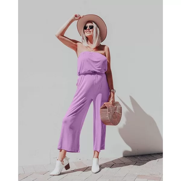 imageZESICA Womens 2023 Casual Off Shoulder Solid Color Strapless Belted Wide Leg Jumpsuit RomperPurple