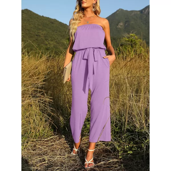 imageZESICA Womens 2023 Casual Off Shoulder Solid Color Strapless Belted Wide Leg Jumpsuit RomperPurple