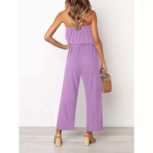 imageZESICA Womens 2023 Casual Off Shoulder Solid Color Strapless Belted Wide Leg Jumpsuit RomperPurple