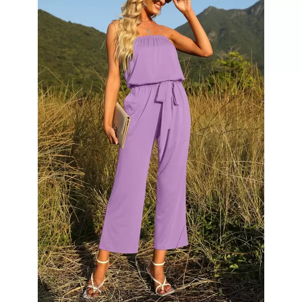 imageZESICA Womens 2023 Casual Off Shoulder Solid Color Strapless Belted Wide Leg Jumpsuit RomperPurple