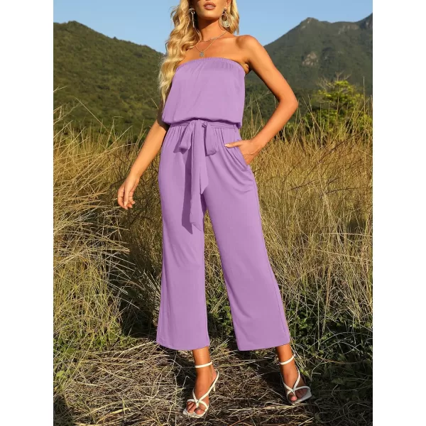 imageZESICA Womens 2023 Casual Off Shoulder Solid Color Strapless Belted Wide Leg Jumpsuit RomperPurple