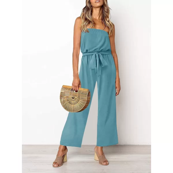 imageZESICA Womens 2023 Casual Off Shoulder Solid Color Strapless Belted Wide Leg Jumpsuit RomperSage