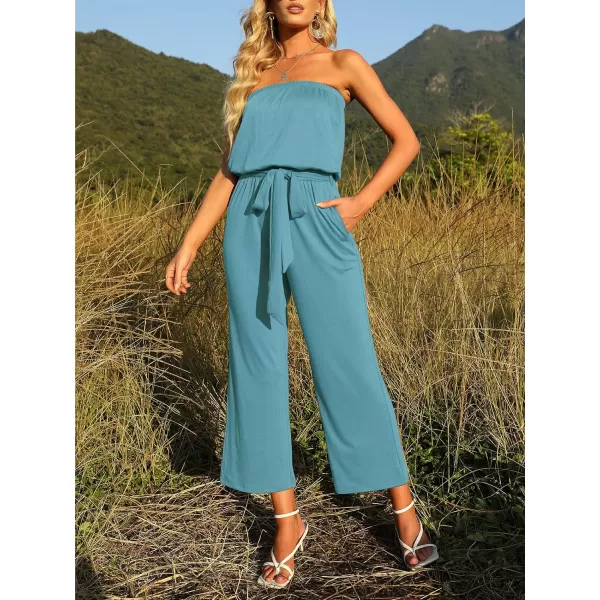 imageZESICA Womens 2023 Casual Off Shoulder Solid Color Strapless Belted Wide Leg Jumpsuit RomperSage