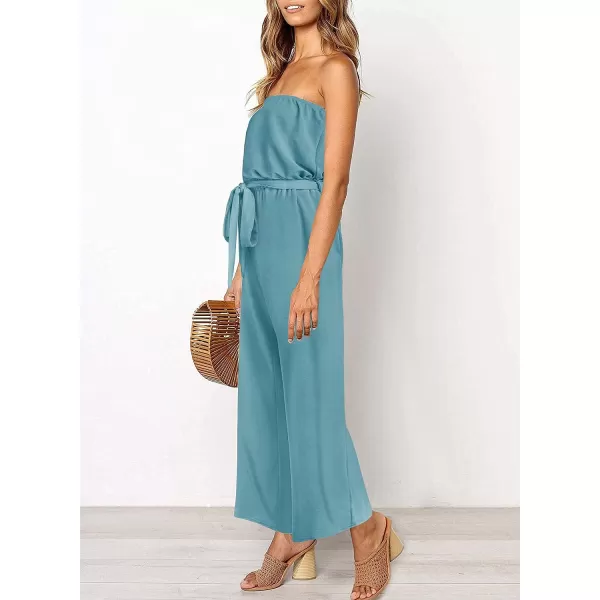 imageZESICA Womens 2023 Casual Off Shoulder Solid Color Strapless Belted Wide Leg Jumpsuit RomperSage