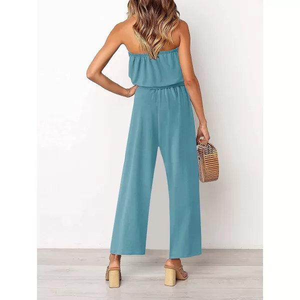 imageZESICA Womens 2023 Casual Off Shoulder Solid Color Strapless Belted Wide Leg Jumpsuit RomperSage
