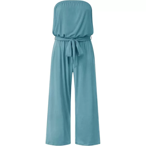imageZESICA Womens 2023 Casual Off Shoulder Solid Color Strapless Belted Wide Leg Jumpsuit RomperSage