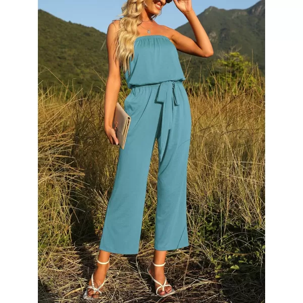 imageZESICA Womens 2023 Casual Off Shoulder Solid Color Strapless Belted Wide Leg Jumpsuit RomperSage