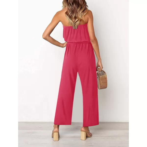 imageZESICA Womens 2023 Casual Off Shoulder Solid Color Strapless Belted Wide Leg Jumpsuit RomperTeaberry