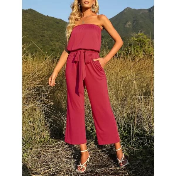 imageZESICA Womens 2023 Casual Off Shoulder Solid Color Strapless Belted Wide Leg Jumpsuit RomperTeaberry