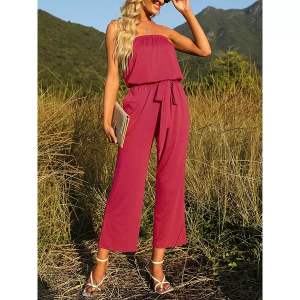 imageZESICA Womens 2023 Casual Off Shoulder Solid Color Strapless Belted Wide Leg Jumpsuit RomperTeaberry