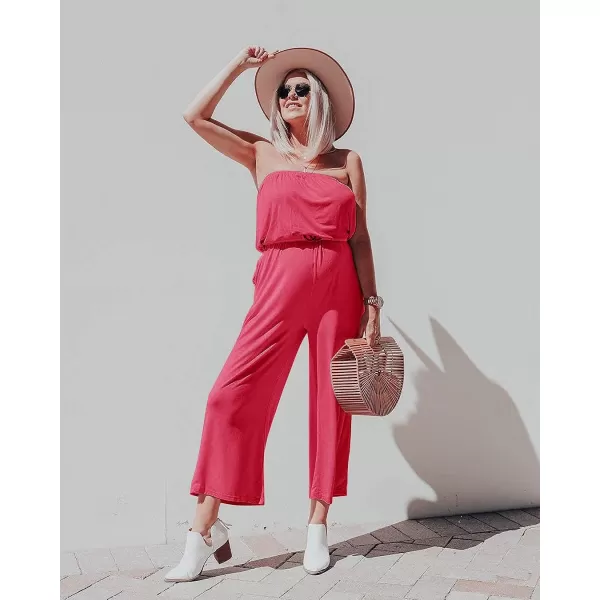 imageZESICA Womens 2023 Casual Off Shoulder Solid Color Strapless Belted Wide Leg Jumpsuit RomperTeaberry