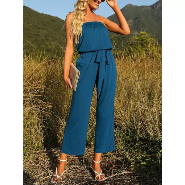 imageZESICA Womens 2023 Casual Off Shoulder Solid Color Strapless Belted Wide Leg Jumpsuit RomperTeal