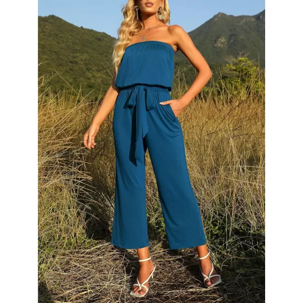 imageZESICA Womens 2023 Casual Off Shoulder Solid Color Strapless Belted Wide Leg Jumpsuit RomperTeal