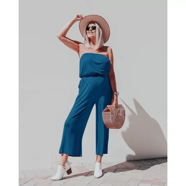imageZESICA Womens 2023 Casual Off Shoulder Solid Color Strapless Belted Wide Leg Jumpsuit RomperTeal