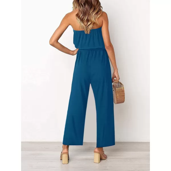 imageZESICA Womens 2023 Casual Off Shoulder Solid Color Strapless Belted Wide Leg Jumpsuit RomperTeal