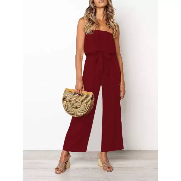 imageZESICA Womens 2023 Casual Off Shoulder Solid Color Strapless Belted Wide Leg Jumpsuit RomperWine