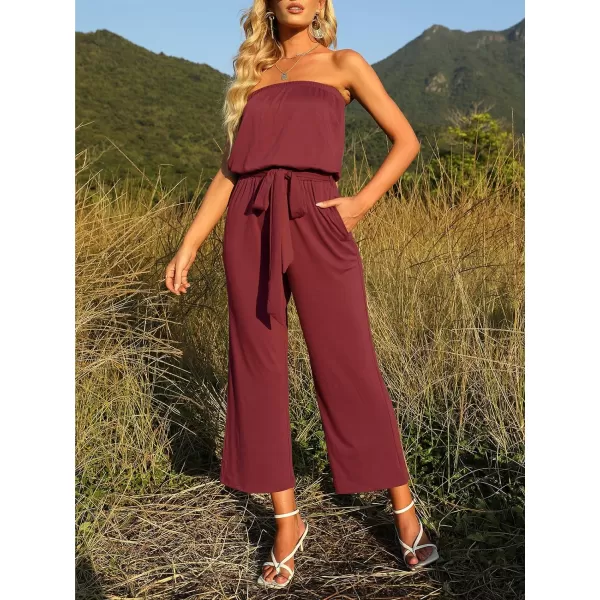 imageZESICA Womens 2023 Casual Off Shoulder Solid Color Strapless Belted Wide Leg Jumpsuit RomperWine