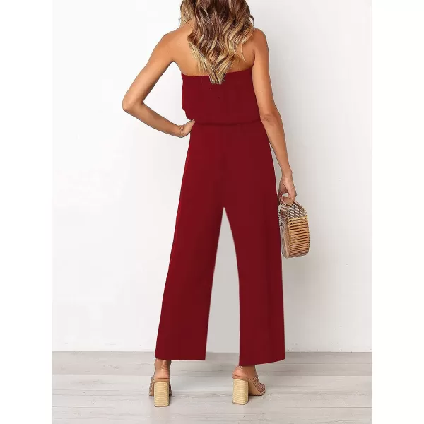 imageZESICA Womens 2023 Casual Off Shoulder Solid Color Strapless Belted Wide Leg Jumpsuit RomperWine