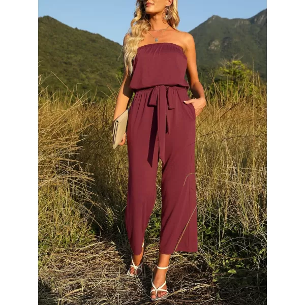imageZESICA Womens 2023 Casual Off Shoulder Solid Color Strapless Belted Wide Leg Jumpsuit RomperWine