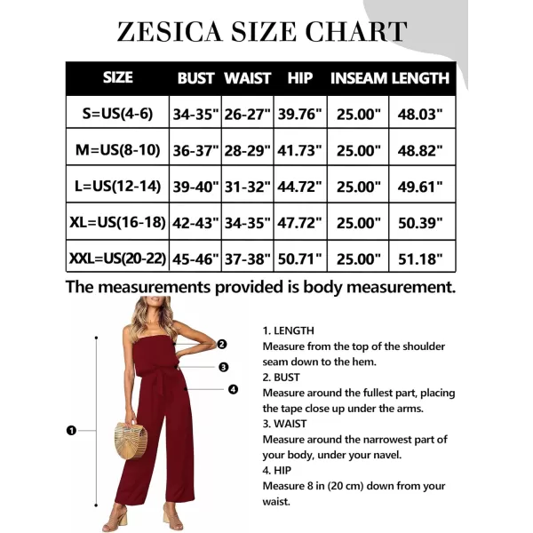 imageZESICA Womens 2023 Casual Off Shoulder Solid Color Strapless Belted Wide Leg Jumpsuit RomperWine