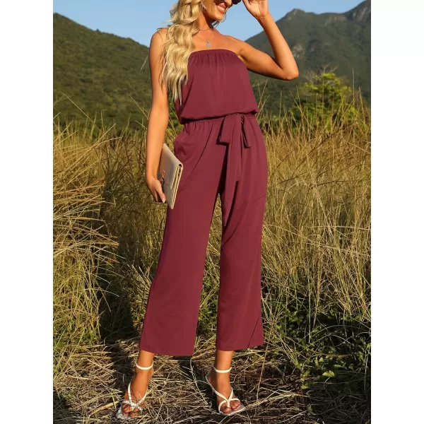 imageZESICA Womens 2023 Casual Off Shoulder Solid Color Strapless Belted Wide Leg Jumpsuit RomperWine