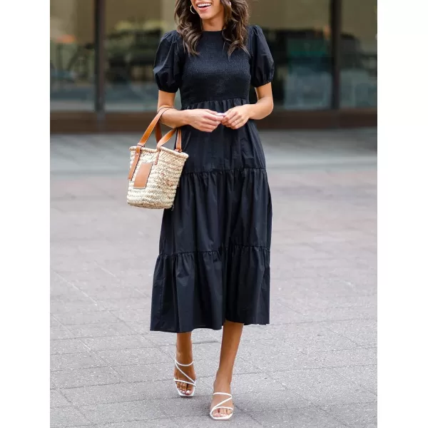 imageZESICA Womens 2023 Casual Summer Crew Neck Short Puff Sleeve Smocked High Waist Ruffle Tiered A Line Midi DressBlack