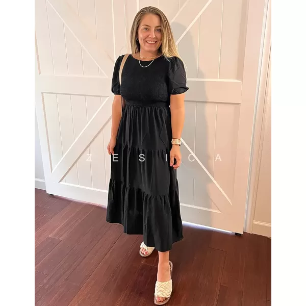 imageZESICA Womens 2023 Casual Summer Crew Neck Short Puff Sleeve Smocked High Waist Ruffle Tiered A Line Midi DressBlack