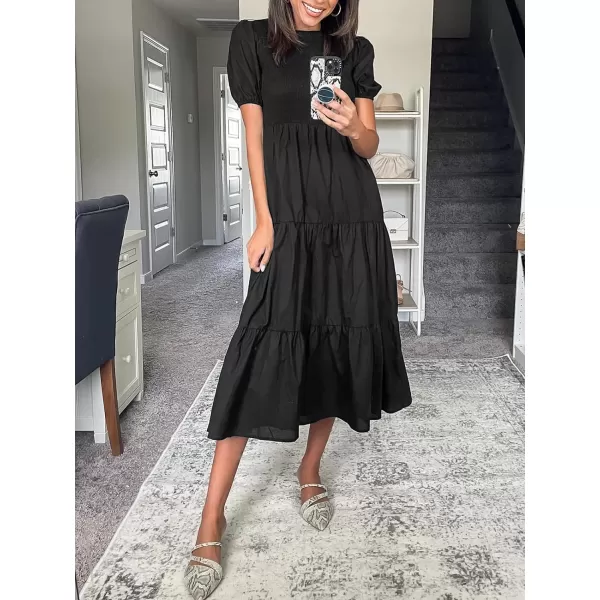 imageZESICA Womens 2023 Casual Summer Crew Neck Short Puff Sleeve Smocked High Waist Ruffle Tiered A Line Midi DressBlack
