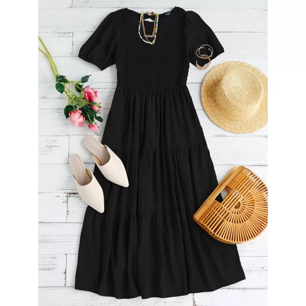 imageZESICA Womens 2023 Casual Summer Crew Neck Short Puff Sleeve Smocked High Waist Ruffle Tiered A Line Midi DressBlack