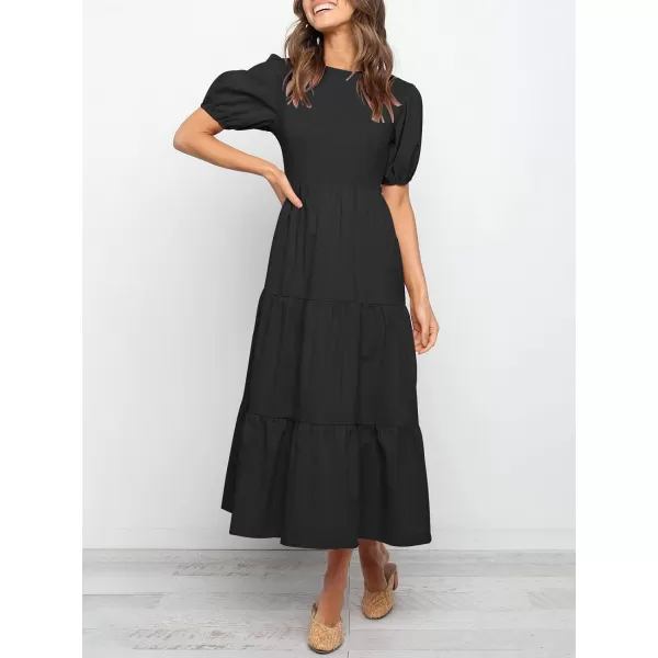 imageZESICA Womens 2023 Casual Summer Crew Neck Short Puff Sleeve Smocked High Waist Ruffle Tiered A Line Midi DressBlack