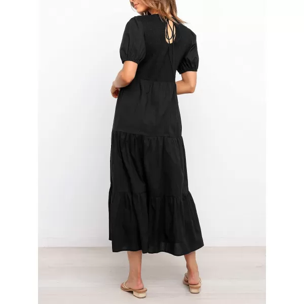 imageZESICA Womens 2023 Casual Summer Crew Neck Short Puff Sleeve Smocked High Waist Ruffle Tiered A Line Midi DressBlack