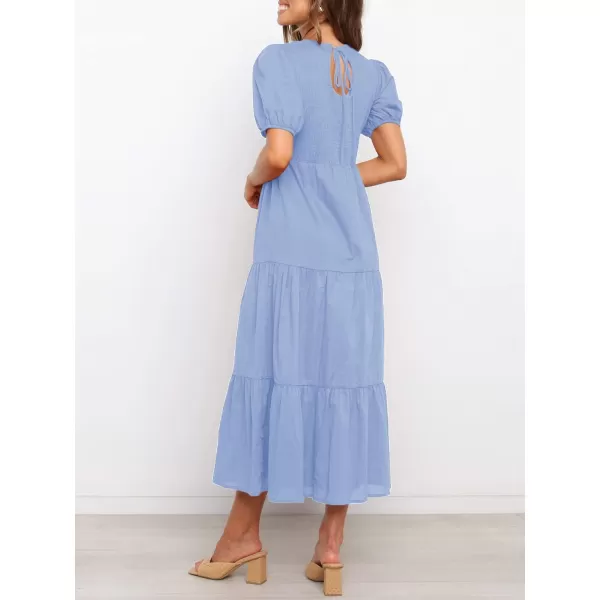 imageZESICA Womens 2023 Casual Summer Crew Neck Short Puff Sleeve Smocked High Waist Ruffle Tiered A Line Midi DressBlue