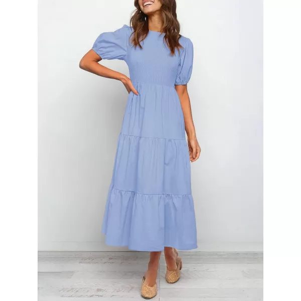 imageZESICA Womens 2023 Casual Summer Crew Neck Short Puff Sleeve Smocked High Waist Ruffle Tiered A Line Midi DressBlue