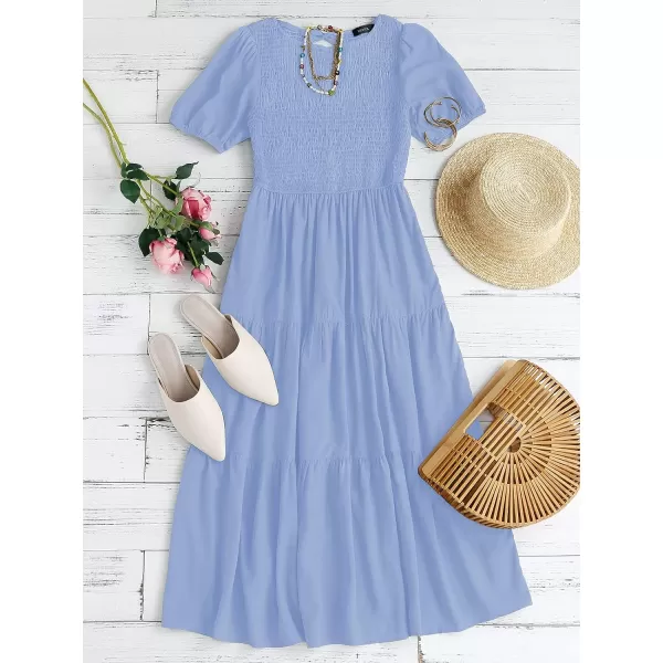 imageZESICA Womens 2023 Casual Summer Crew Neck Short Puff Sleeve Smocked High Waist Ruffle Tiered A Line Midi DressBlue