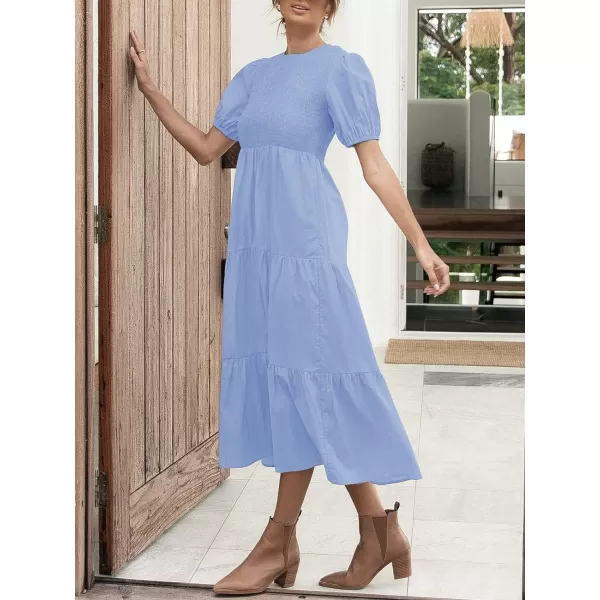 imageZESICA Womens 2023 Casual Summer Crew Neck Short Puff Sleeve Smocked High Waist Ruffle Tiered A Line Midi DressBlue