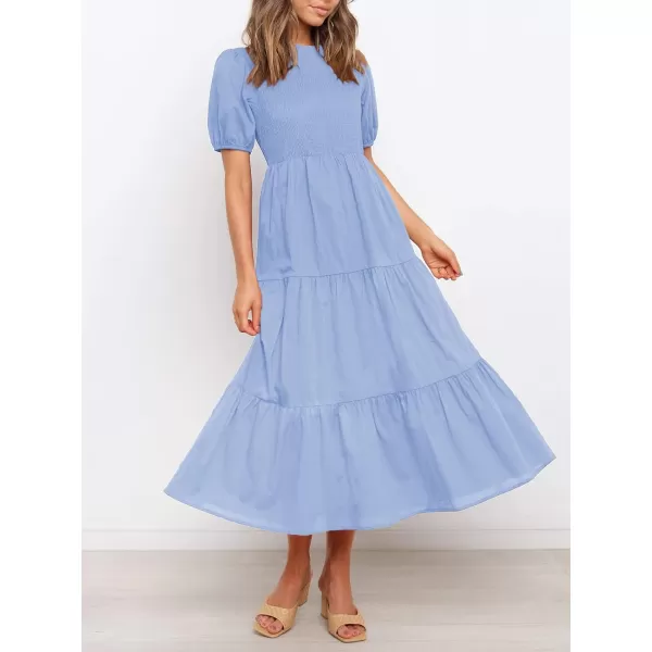 imageZESICA Womens 2023 Casual Summer Crew Neck Short Puff Sleeve Smocked High Waist Ruffle Tiered A Line Midi DressBlue