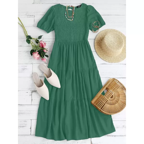 imageZESICA Womens 2023 Casual Summer Crew Neck Short Puff Sleeve Smocked High Waist Ruffle Tiered A Line Midi DressForestgreen