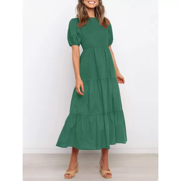 imageZESICA Womens 2023 Casual Summer Crew Neck Short Puff Sleeve Smocked High Waist Ruffle Tiered A Line Midi DressForestgreen