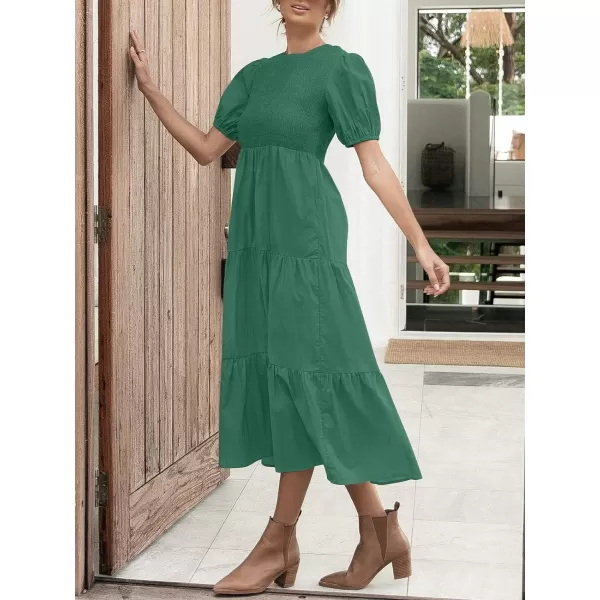 imageZESICA Womens 2023 Casual Summer Crew Neck Short Puff Sleeve Smocked High Waist Ruffle Tiered A Line Midi DressForestgreen