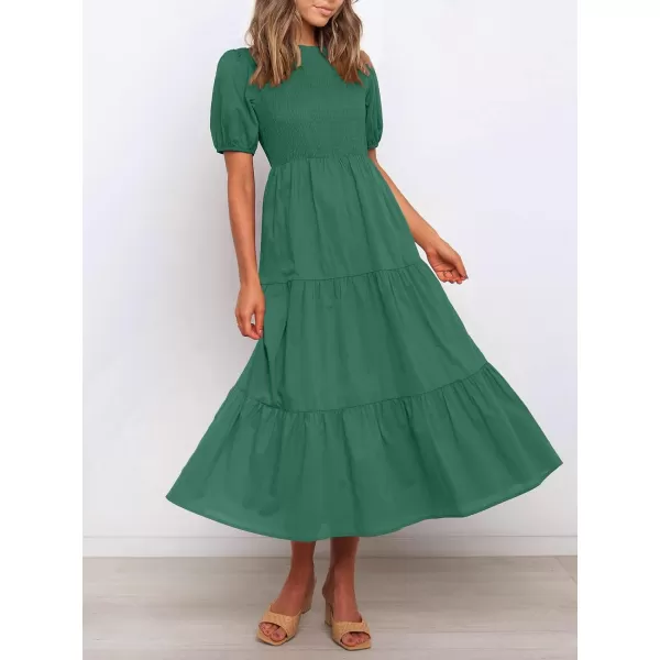 imageZESICA Womens 2023 Casual Summer Crew Neck Short Puff Sleeve Smocked High Waist Ruffle Tiered A Line Midi DressForestgreen