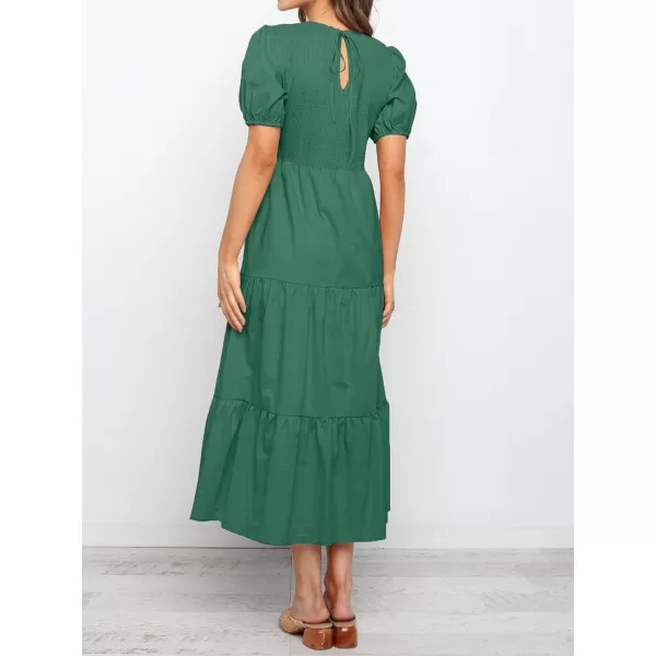 imageZESICA Womens 2023 Casual Summer Crew Neck Short Puff Sleeve Smocked High Waist Ruffle Tiered A Line Midi DressForestgreen