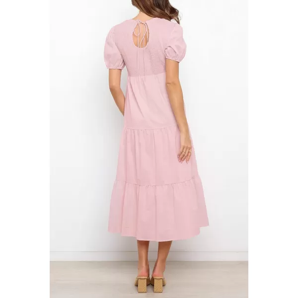 imageZESICA Womens 2023 Casual Summer Crew Neck Short Puff Sleeve Smocked High Waist Ruffle Tiered A Line Midi DressLightpink