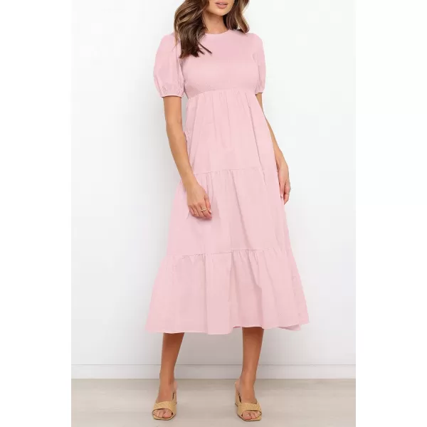imageZESICA Womens 2023 Casual Summer Crew Neck Short Puff Sleeve Smocked High Waist Ruffle Tiered A Line Midi DressLightpink